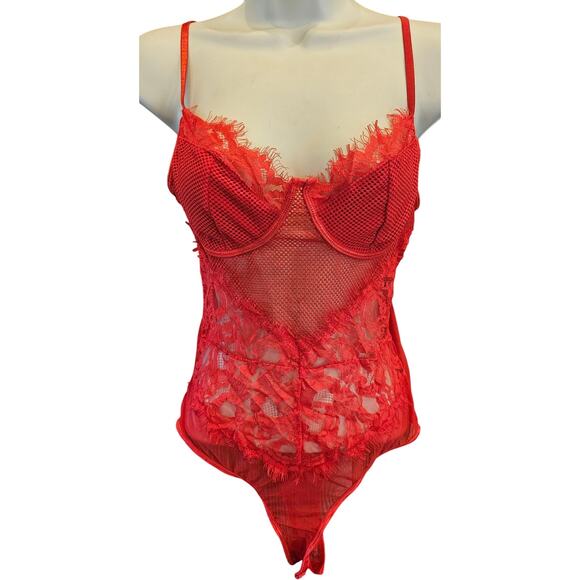 NWT kaei & shi see through lace red thong bodysuit lingerie sexy L lace intimate - Picture 2 of 9